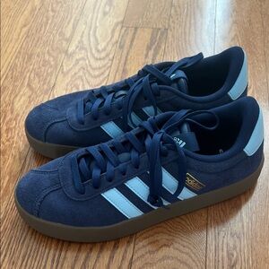 adidas Womens Navy Suede Sneakers with Light Blue Stripes